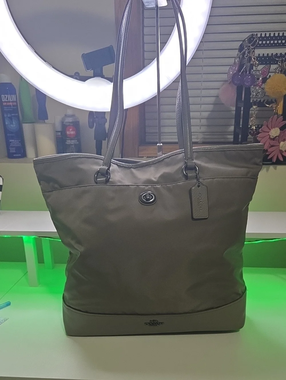 Coach Taupe Nylon Carryall  Tote with Leather Trim